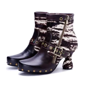 CrazycatZ Womens  Boots Bohemian Block Heel Leather Ankle Boots Colorful Leather Heeled Ankle Boots Black