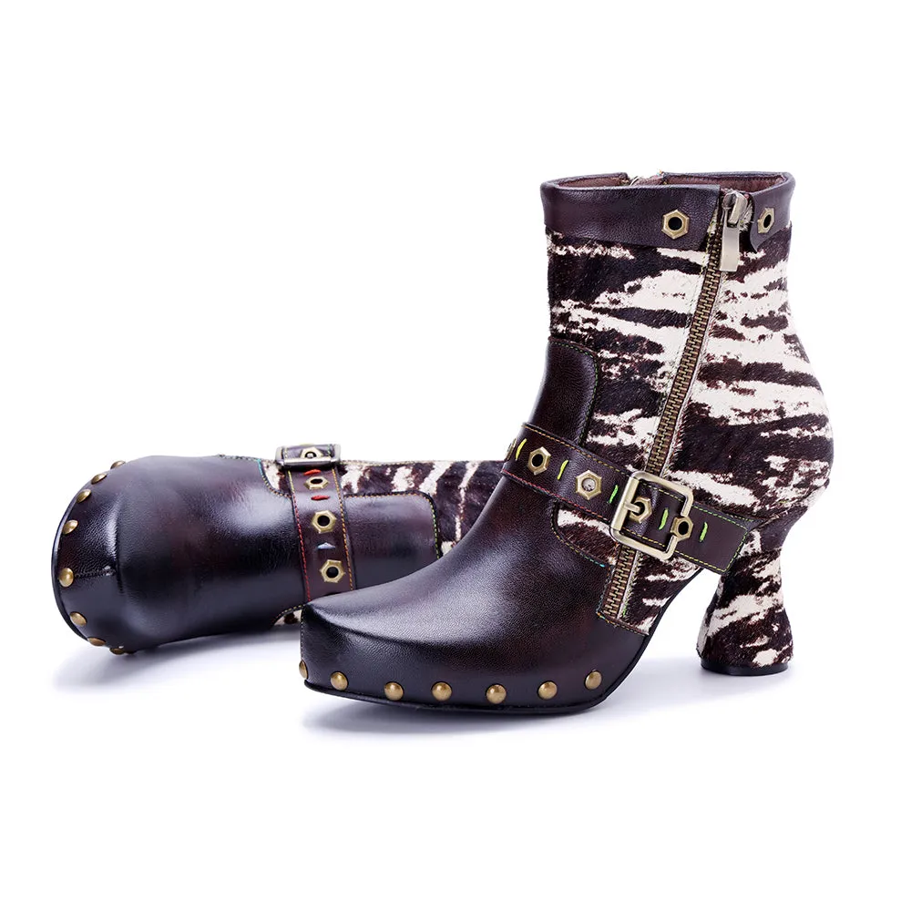 CrazycatZ Womens  Boots Bohemian Block Heel Leather Ankle Boots Colorful Leather Heeled Ankle Boots Black
