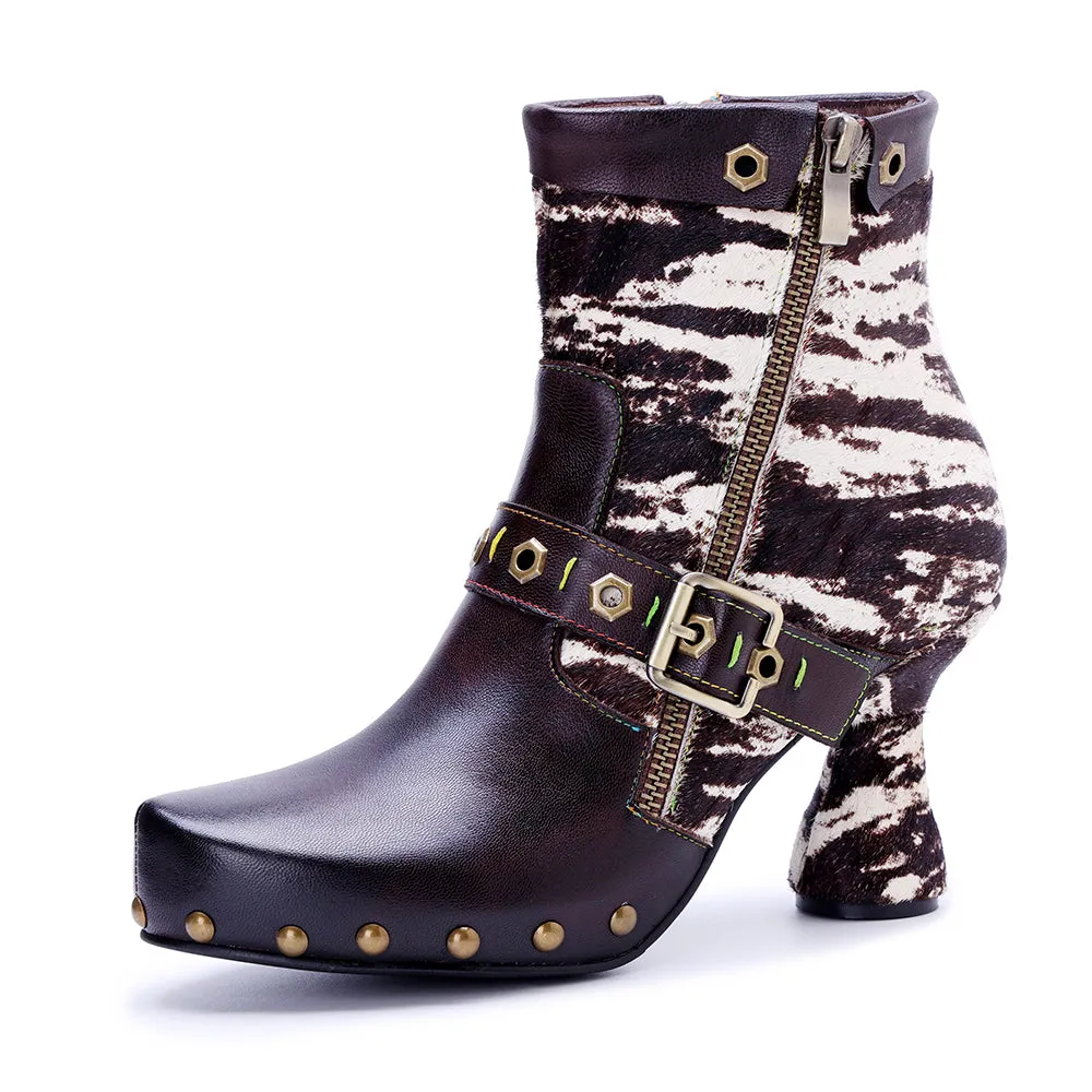 CrazycatZ Womens  Boots Bohemian Block Heel Leather Ankle Boots Colorful Leather Heeled Ankle Boots Black