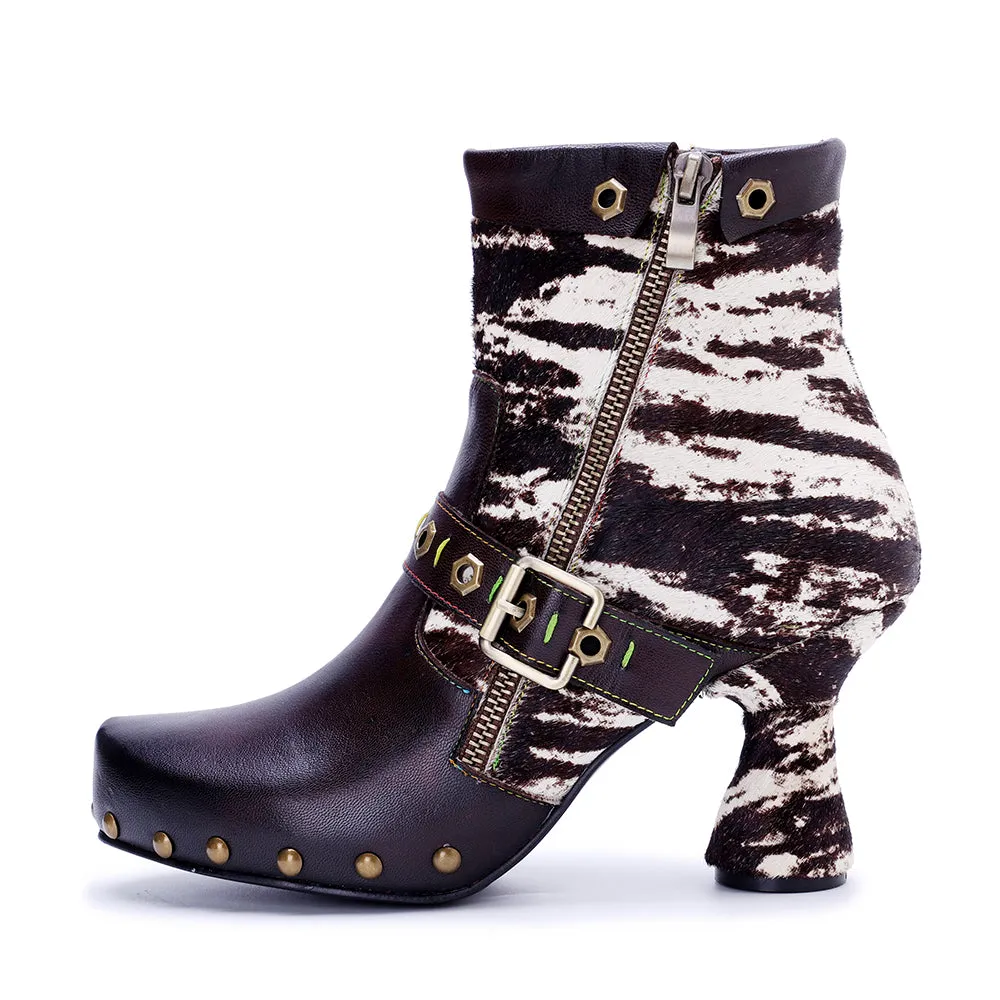 CrazycatZ Womens  Boots Bohemian Block Heel Leather Ankle Boots Colorful Leather Heeled Ankle Boots Black