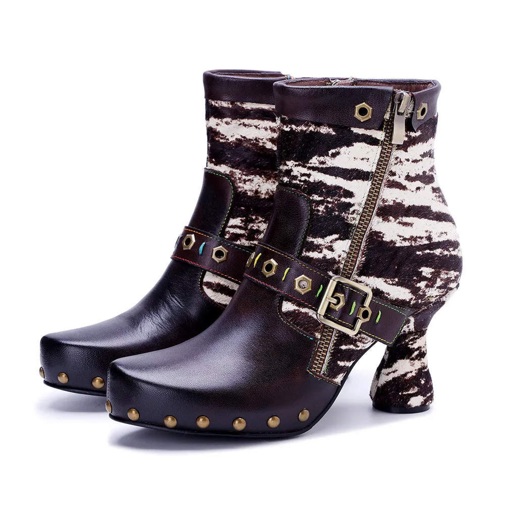CrazycatZ Womens  Boots Bohemian Block Heel Leather Ankle Boots Colorful Leather Heeled Ankle Boots Black