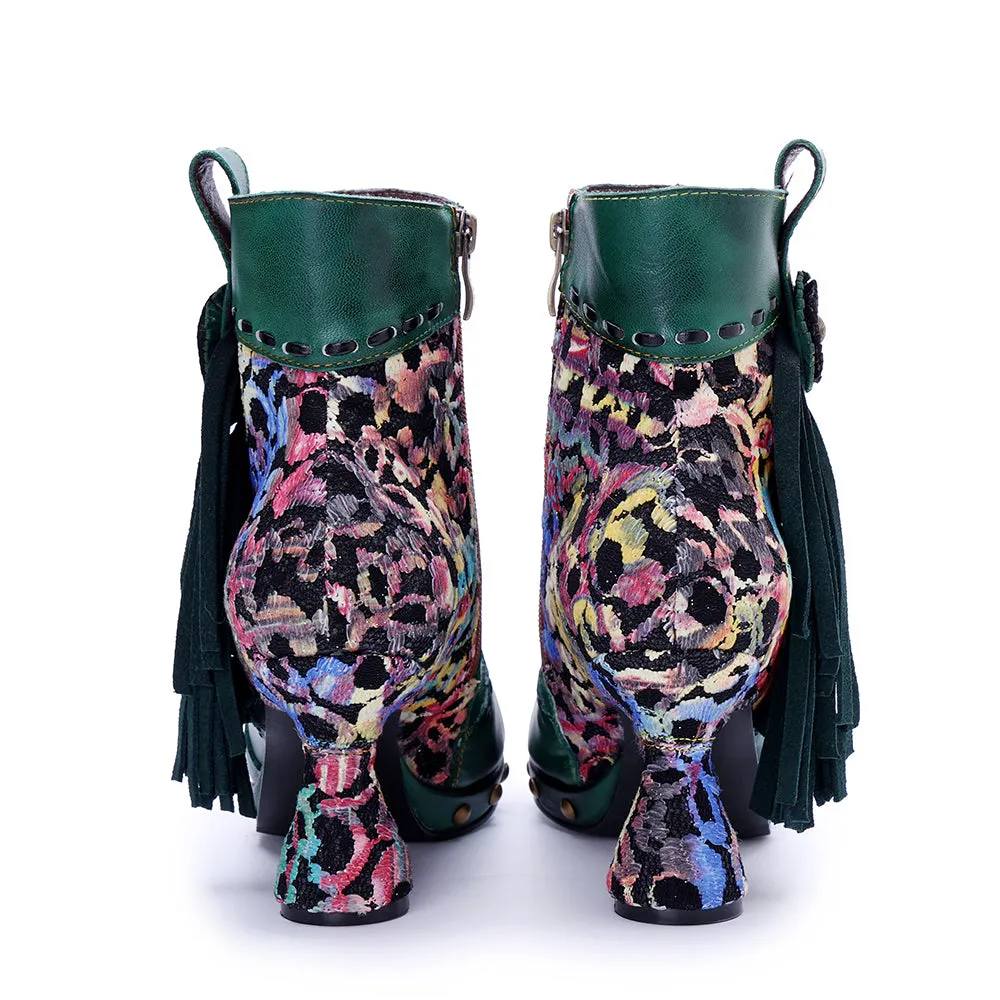 CrazycatZ Womens  Boots Bohemian Block Heel Leather Ankle Boots Colorful Leather Heeled Ankle Boots Green
