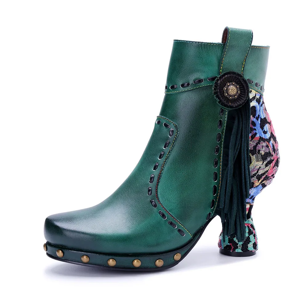 CrazycatZ Womens  Boots Bohemian Block Heel Leather Ankle Boots Colorful Leather Heeled Ankle Boots Green