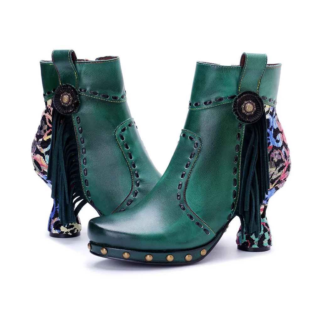 CrazycatZ Womens  Boots Bohemian Block Heel Leather Ankle Boots Colorful Leather Heeled Ankle Boots Green