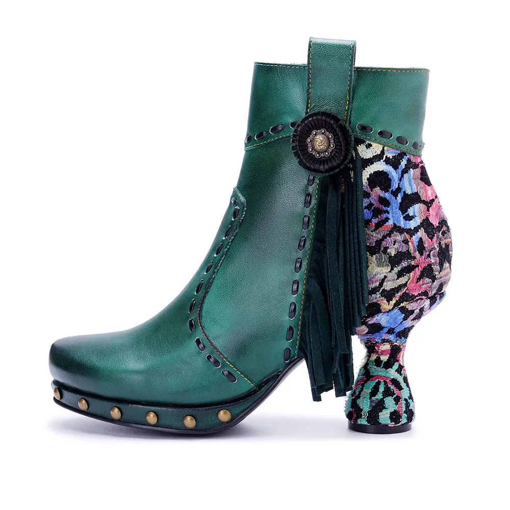 CrazycatZ Womens  Boots Bohemian Block Heel Leather Ankle Boots Colorful Leather Heeled Ankle Boots Green
