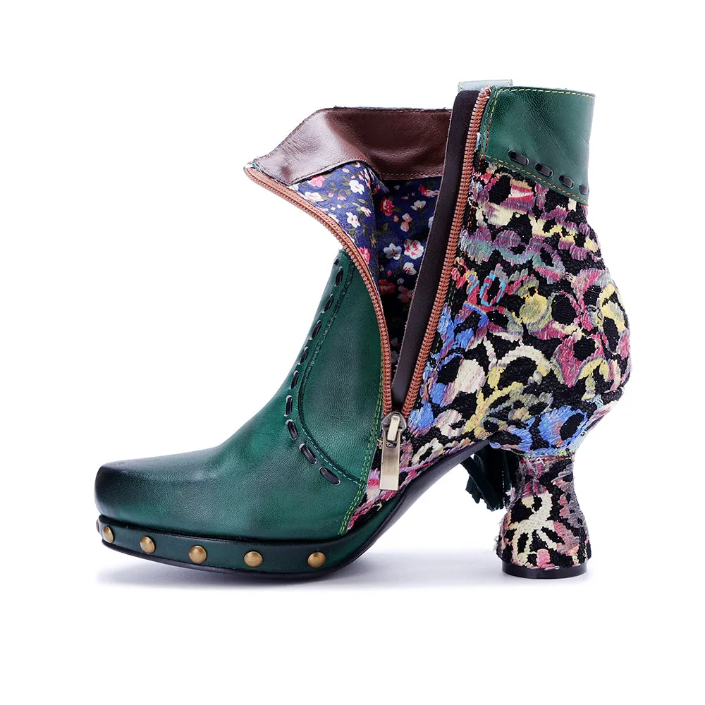 CrazycatZ Womens  Boots Bohemian Block Heel Leather Ankle Boots Colorful Leather Heeled Ankle Boots Green