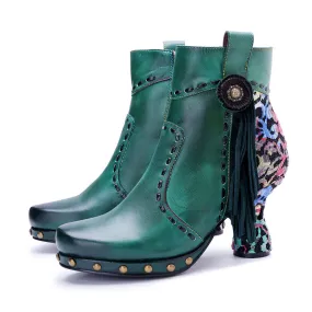 CrazycatZ Womens  Boots Bohemian Block Heel Leather Ankle Boots Colorful Leather Heeled Ankle Boots Green