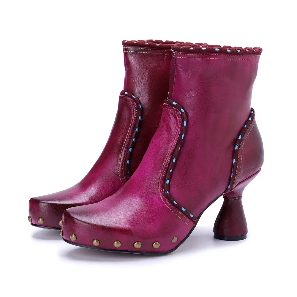 CrazycatZ Womens  Boots Bohemian Block Heel Leather Ankle Boots Colorful Leather Heeled Ankle Boots Hot Pink