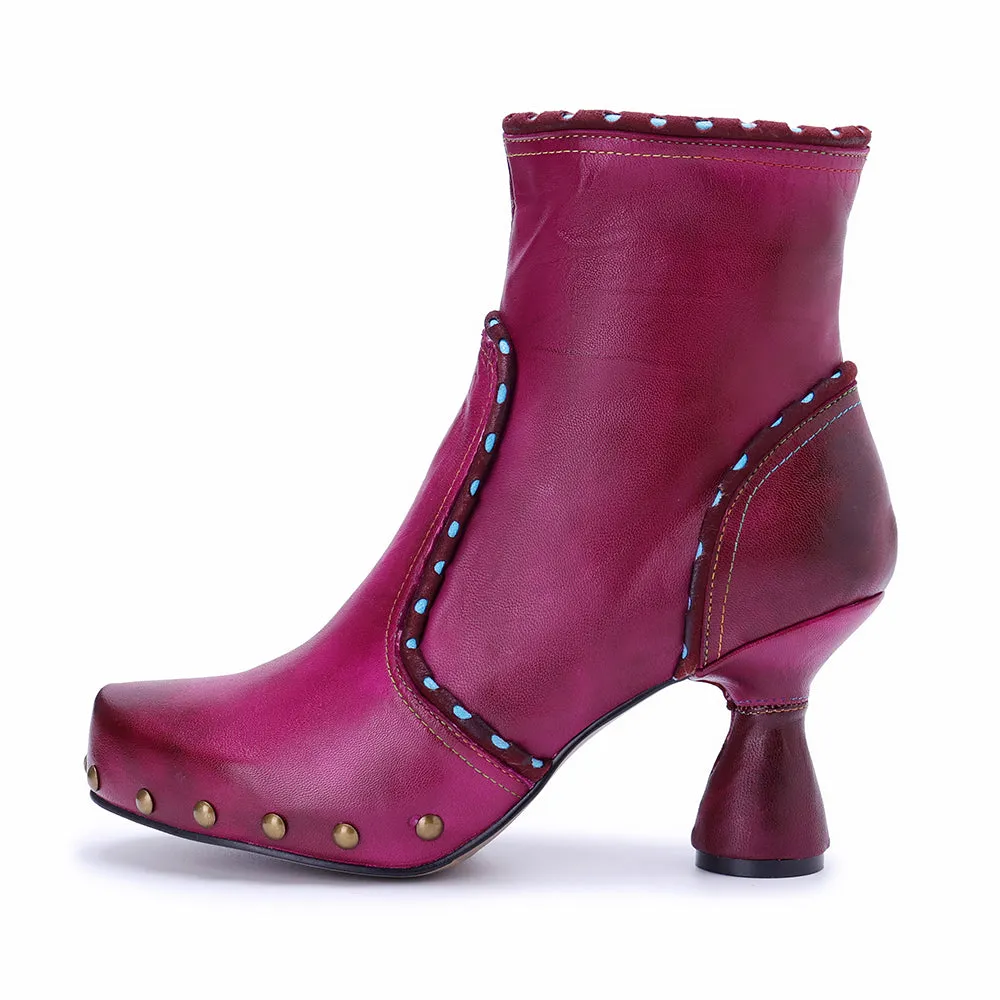 CrazycatZ Womens  Boots Bohemian Block Heel Leather Ankle Boots Colorful Leather Heeled Ankle Boots Hot Pink