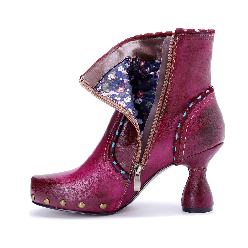 CrazycatZ Womens  Boots Bohemian Block Heel Leather Ankle Boots Colorful Leather Heeled Ankle Boots Hot Pink