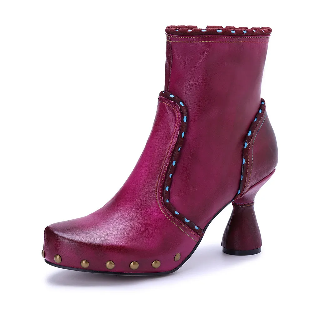 CrazycatZ Womens  Boots Bohemian Block Heel Leather Ankle Boots Colorful Leather Heeled Ankle Boots Hot Pink
