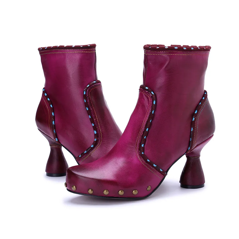 CrazycatZ Womens  Boots Bohemian Block Heel Leather Ankle Boots Colorful Leather Heeled Ankle Boots Hot Pink