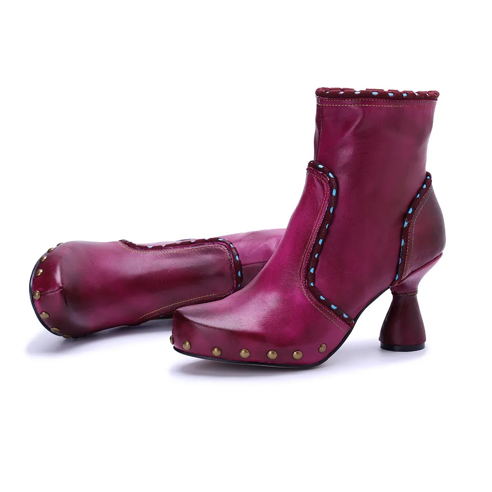 CrazycatZ Womens  Boots Bohemian Block Heel Leather Ankle Boots Colorful Leather Heeled Ankle Boots Hot Pink