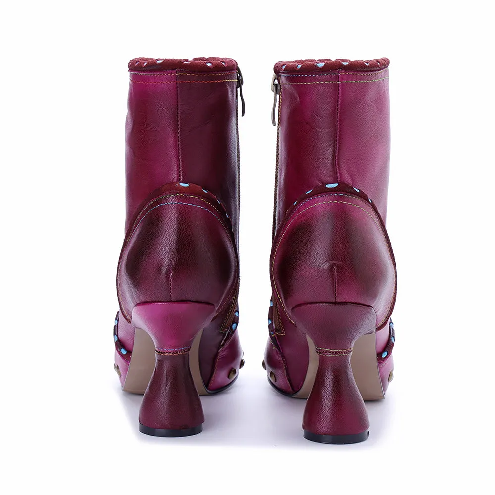CrazycatZ Womens  Boots Bohemian Block Heel Leather Ankle Boots Colorful Leather Heeled Ankle Boots Hot Pink