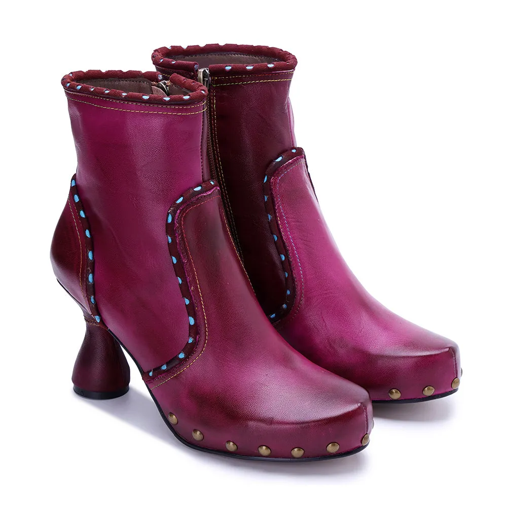 CrazycatZ Womens  Boots Bohemian Block Heel Leather Ankle Boots Colorful Leather Heeled Ankle Boots Hot Pink