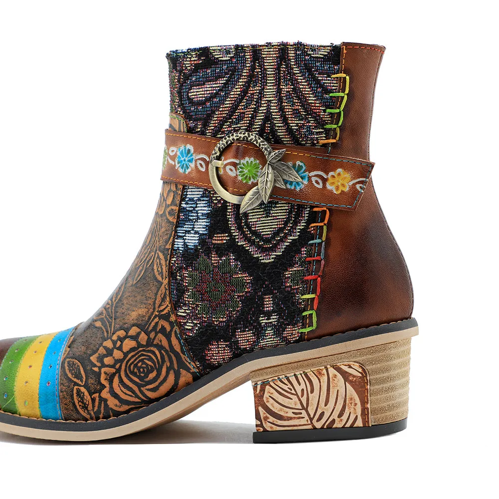 CrazycatZ Womens  Boots Bohemian Block Heels Leather  Colorful Ankle Boots 0608