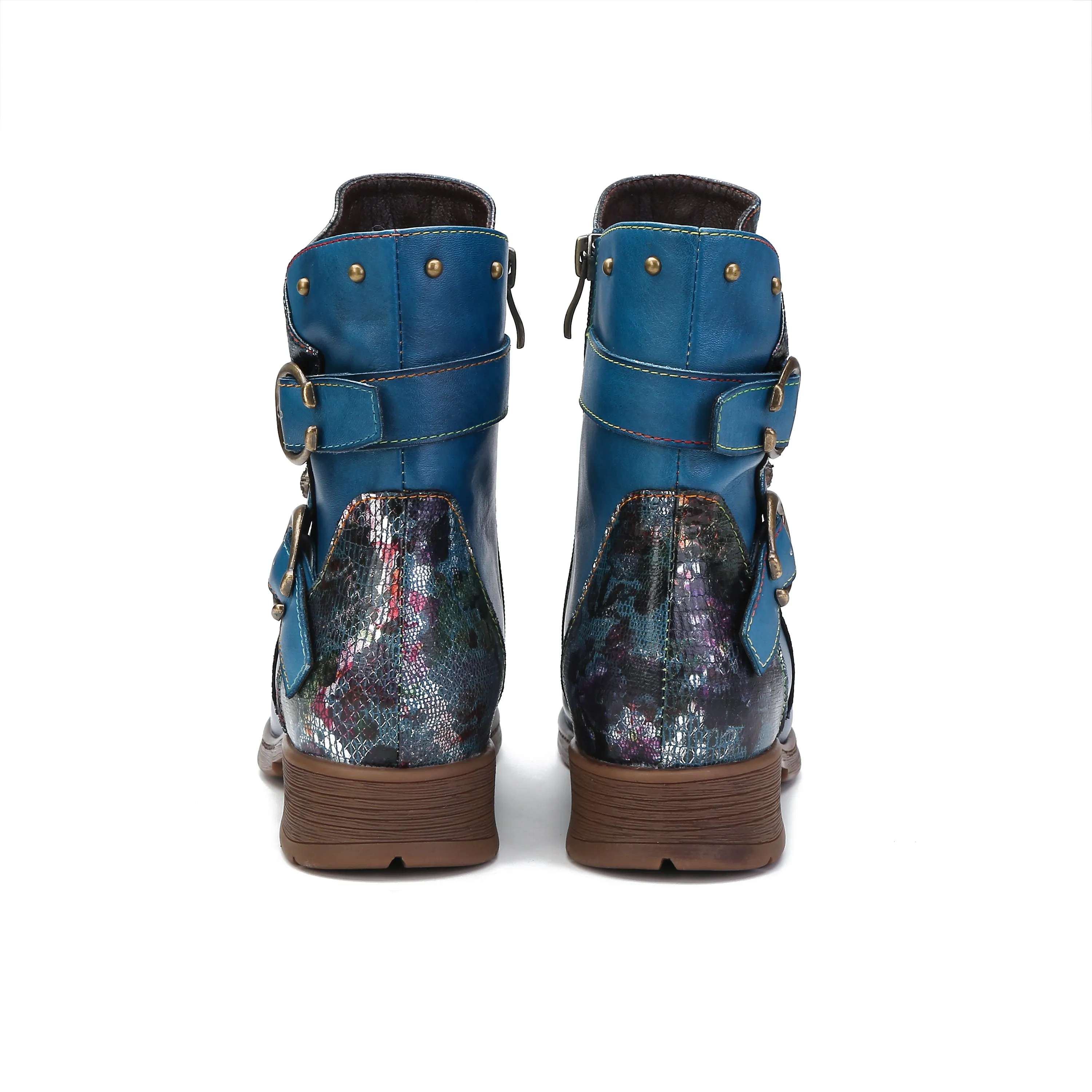 CrazycatZ Womens  Boots Bohemian Block Heels Leather Western Boots Colorful Leather Ankle Boots Blue