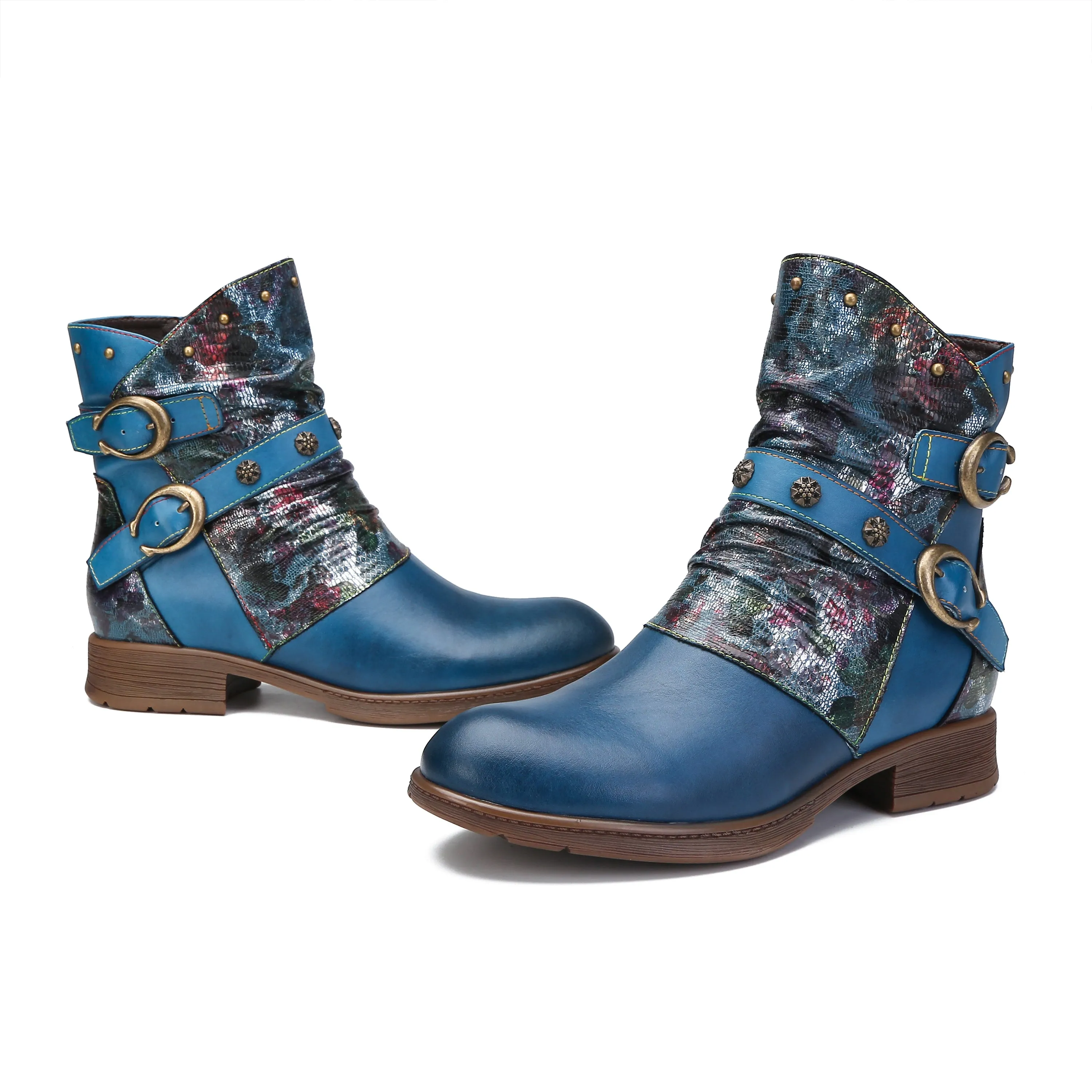 CrazycatZ Womens  Boots Bohemian Block Heels Leather Western Boots Colorful Leather Ankle Boots Blue
