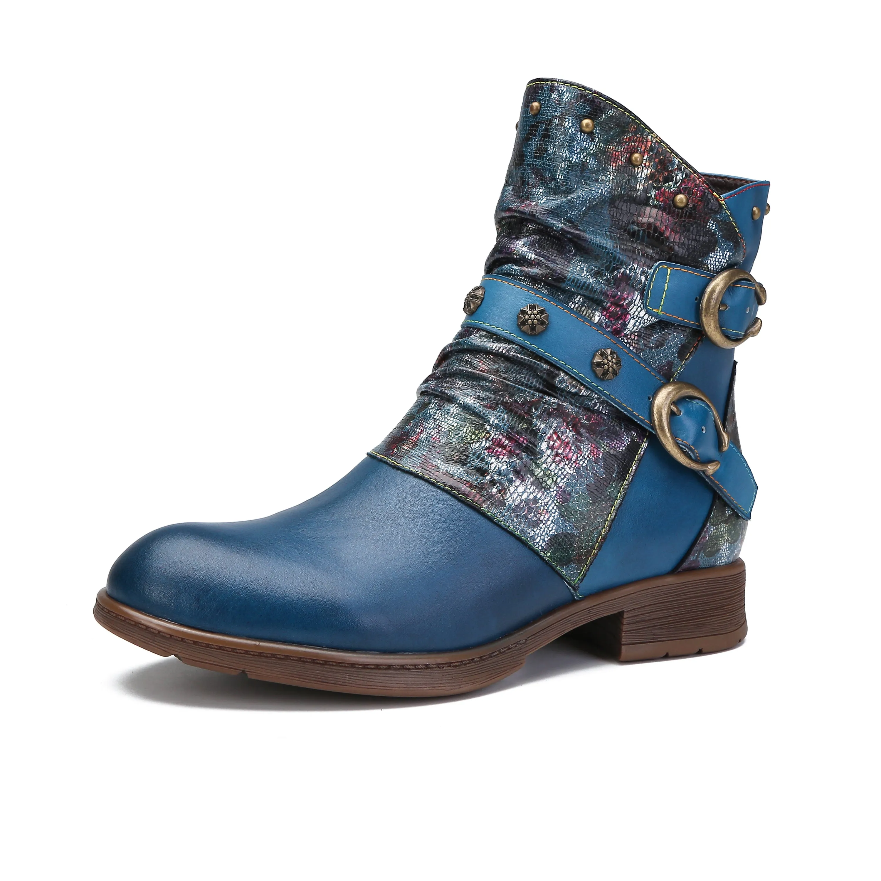 CrazycatZ Womens  Boots Bohemian Block Heels Leather Western Boots Colorful Leather Ankle Boots Blue