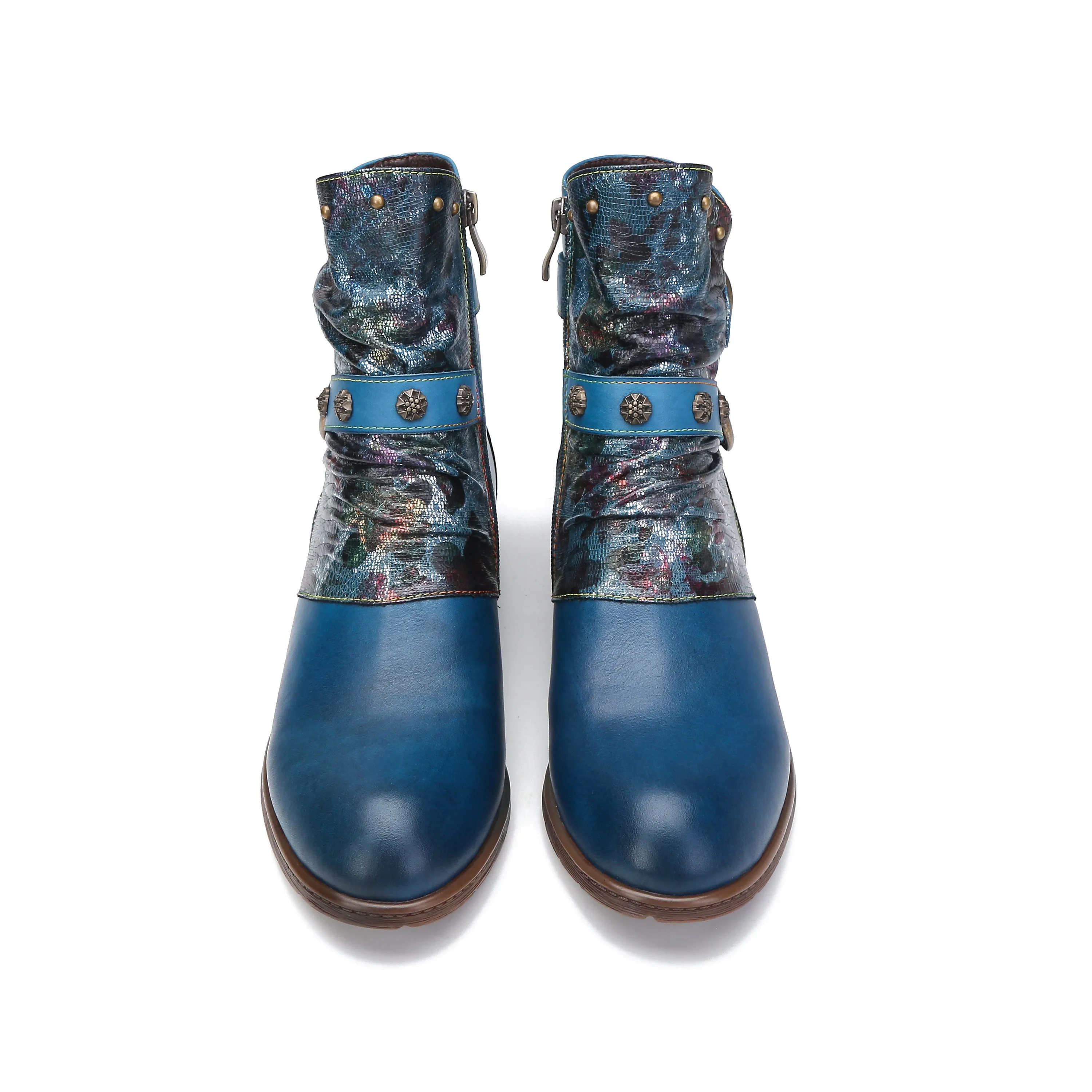 CrazycatZ Womens  Boots Bohemian Block Heels Leather Western Boots Colorful Leather Ankle Boots Blue