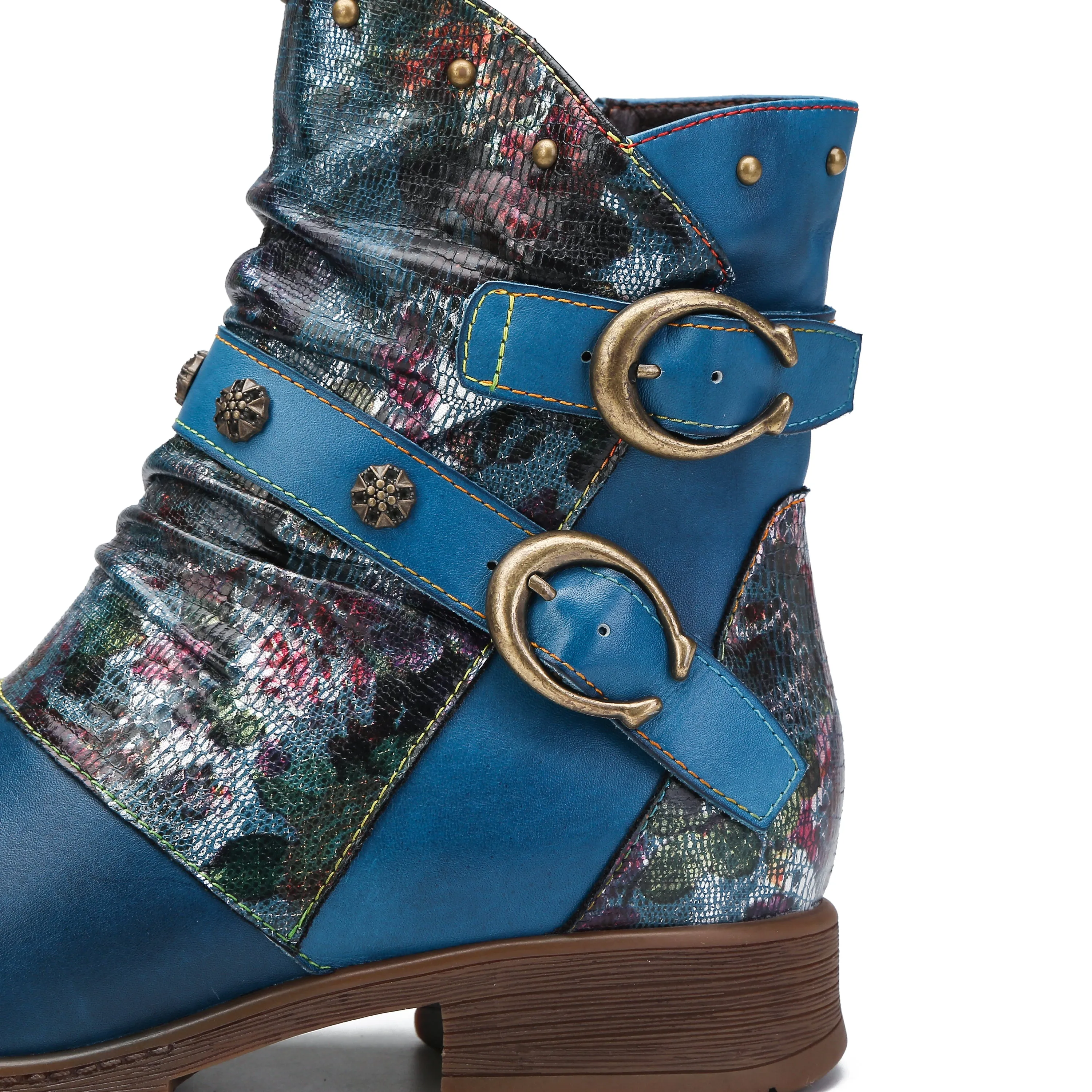 CrazycatZ Womens  Boots Bohemian Block Heels Leather Western Boots Colorful Leather Ankle Boots Blue