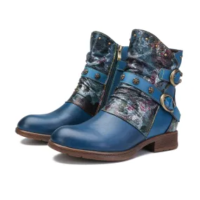 CrazycatZ Womens  Boots Bohemian Block Heels Leather Western Boots Colorful Leather Ankle Boots Blue