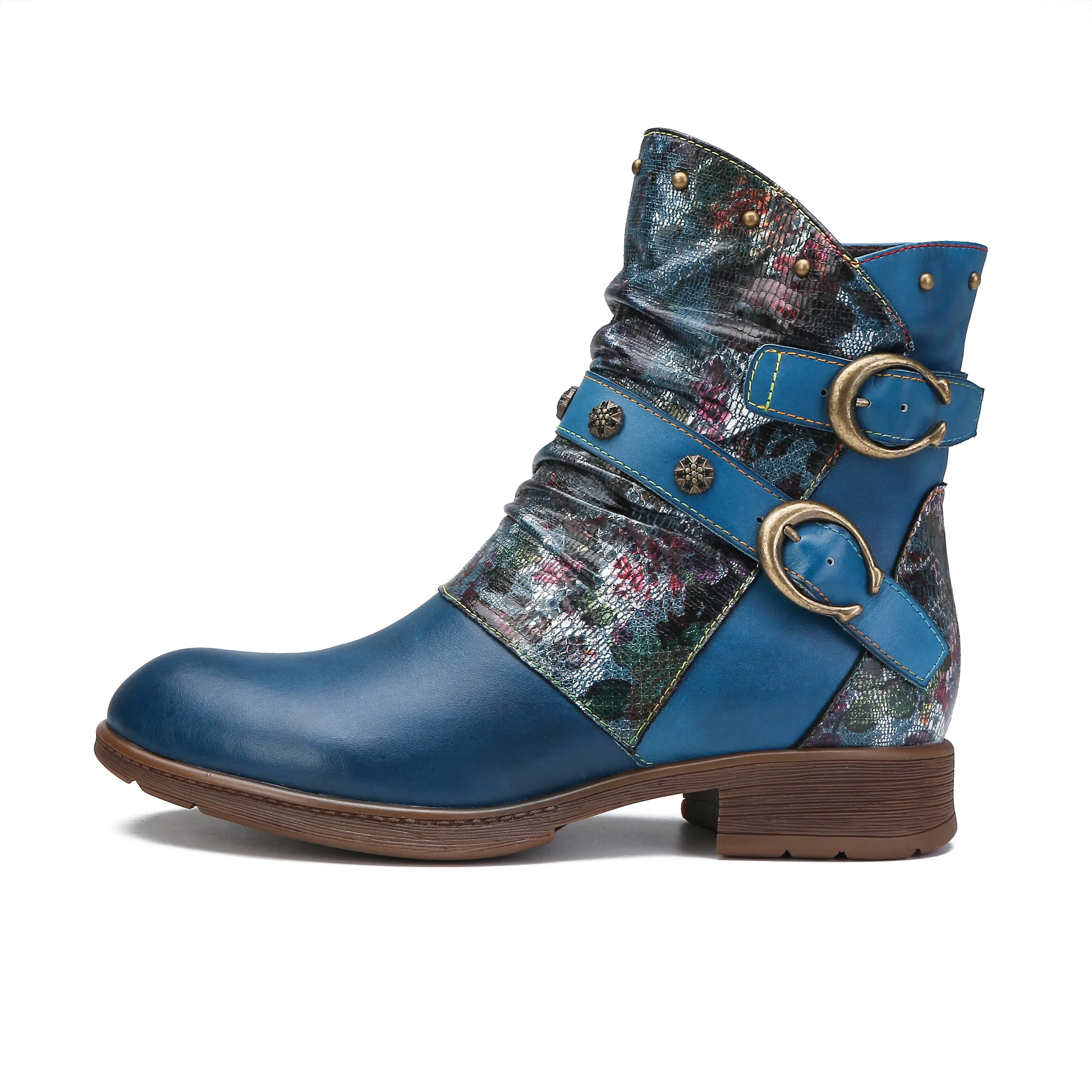 CrazycatZ Womens  Boots Bohemian Block Heels Leather Western Boots Colorful Leather Ankle Boots Blue