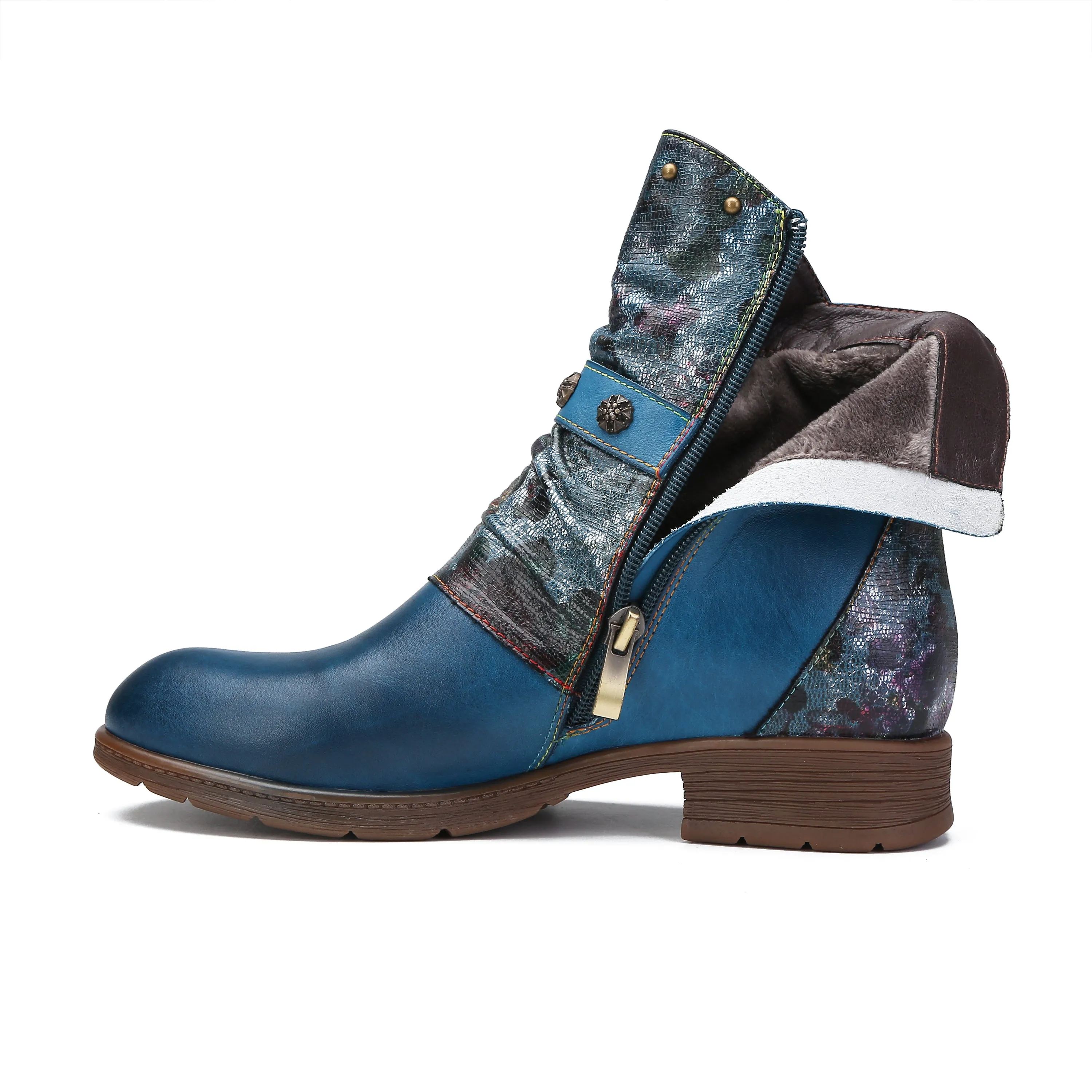 CrazycatZ Womens  Boots Bohemian Block Heels Leather Western Boots Colorful Leather Ankle Boots Blue