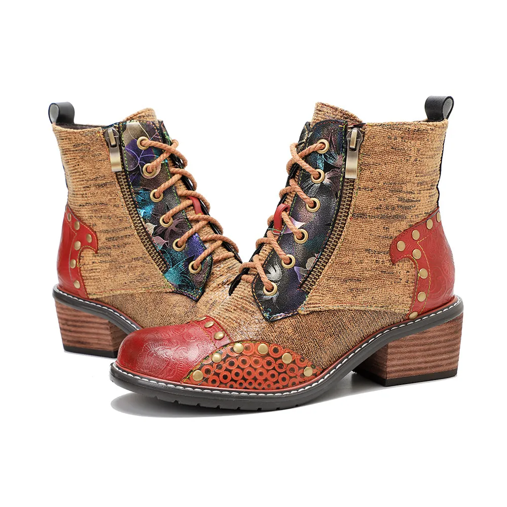 CrazycatZ Womens  Boots Bohemian Block Heels Leather Western Boots Colorful Leather Ankle Boots Multi