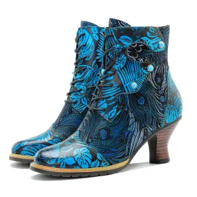 CrazycatZ Womens  Boots Vintage Block Heel Leather Western Boots Colorful Leather Boots Lake Blue
