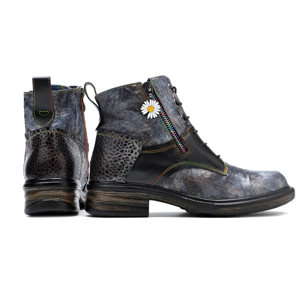 CrazycatZ Womens Leather Ankle Boots Bohemian SportyColorful Leahter Boots Black