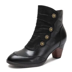 CrazycatZ Womens Leather Ankle Boots Colorful Leather Buttoned Vintage Bootie Black