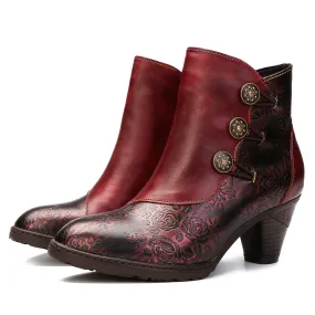 CrazycatZ Womens Leather Ankle  Boots Colorful Leather Buttoned Vintage Boots Block Heels Red