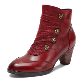 CrazycatZ Womens Leather Ankle  Boots Colorful Leather Buttoned Vintage Boots Red