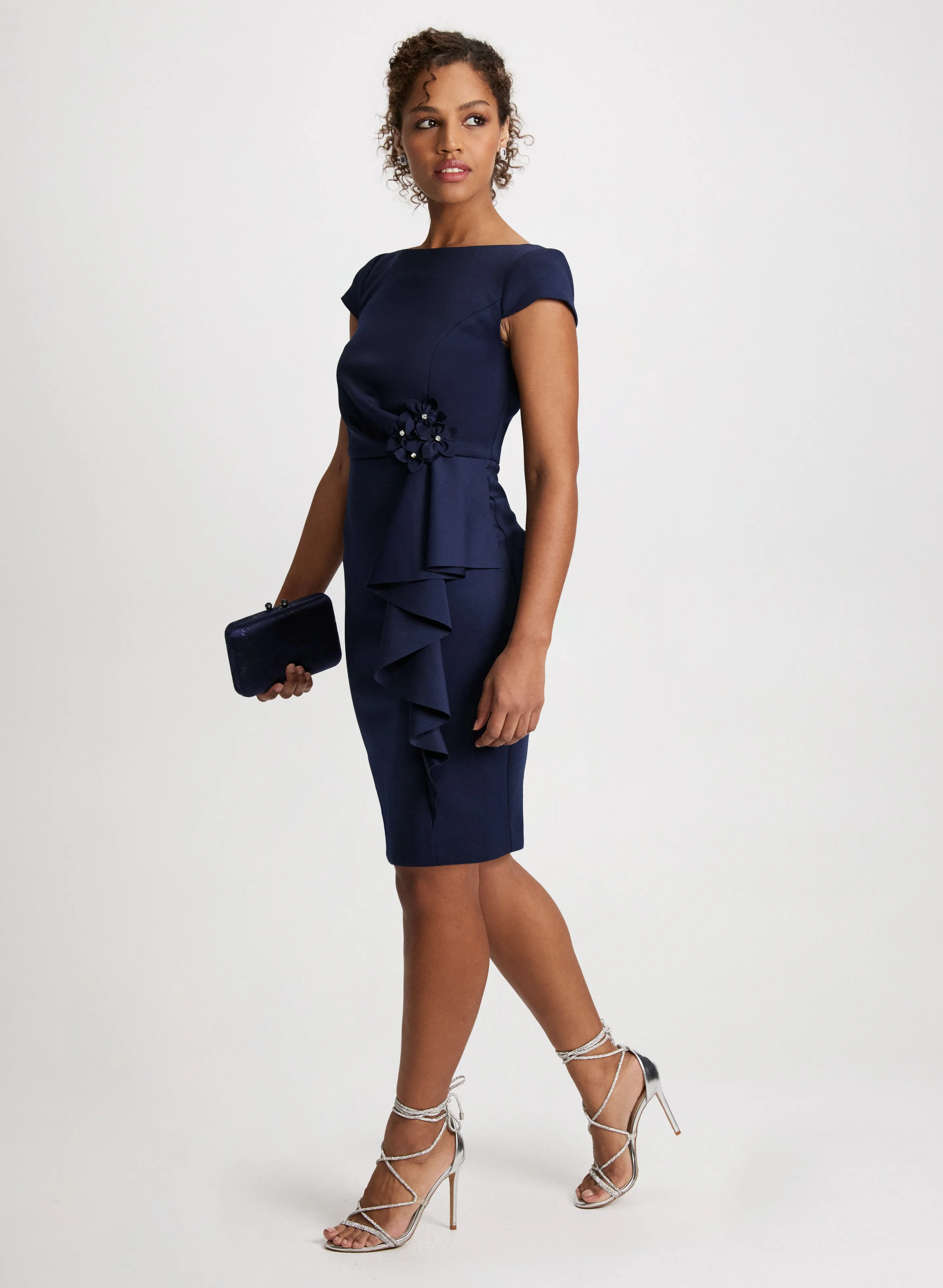 Decorative Flower Ruffled Cocktail Dress