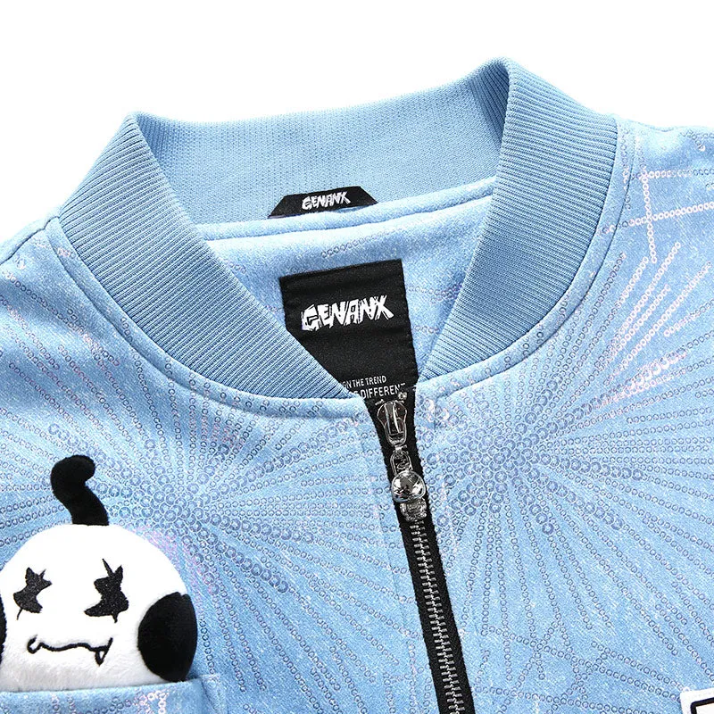 Detachable Doll Light Blue Foil Print Patch Jacket