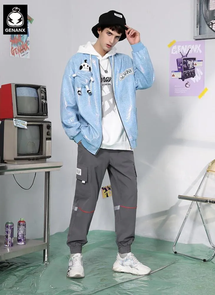 Detachable Doll Light Blue Foil Print Patch Jacket