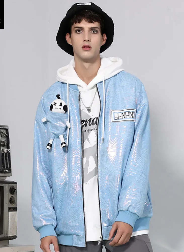 Detachable Doll Light Blue Foil Print Patch Jacket