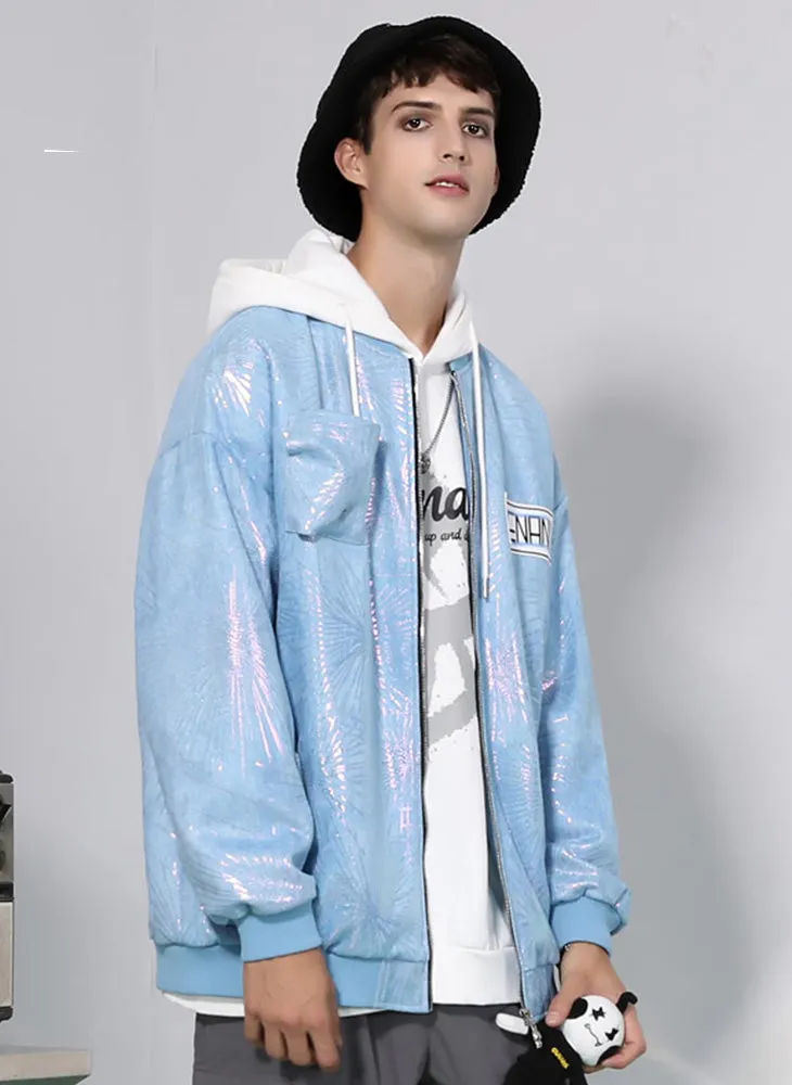 Detachable Doll Light Blue Foil Print Patch Jacket