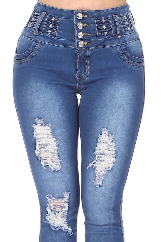 Distressed Studded No Pocket Jeans