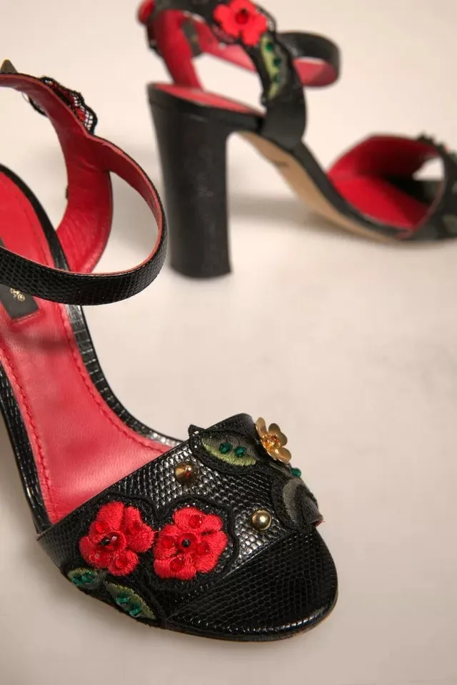 Dolce & Gabbana Black Embossed Carnation Heeled Sandals Shoes