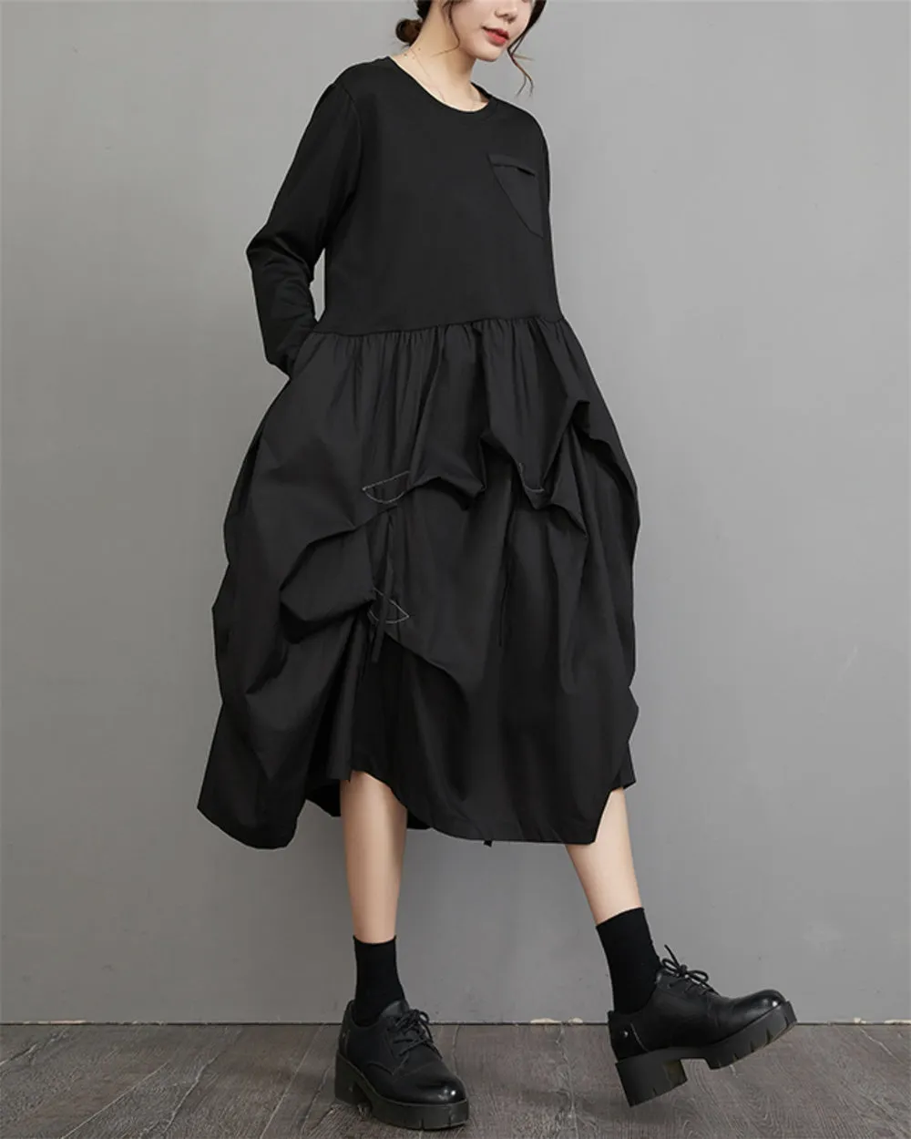 ellazhu Women's Funky Crew Neck Patchwork Solid Pleated Dress GZ102
