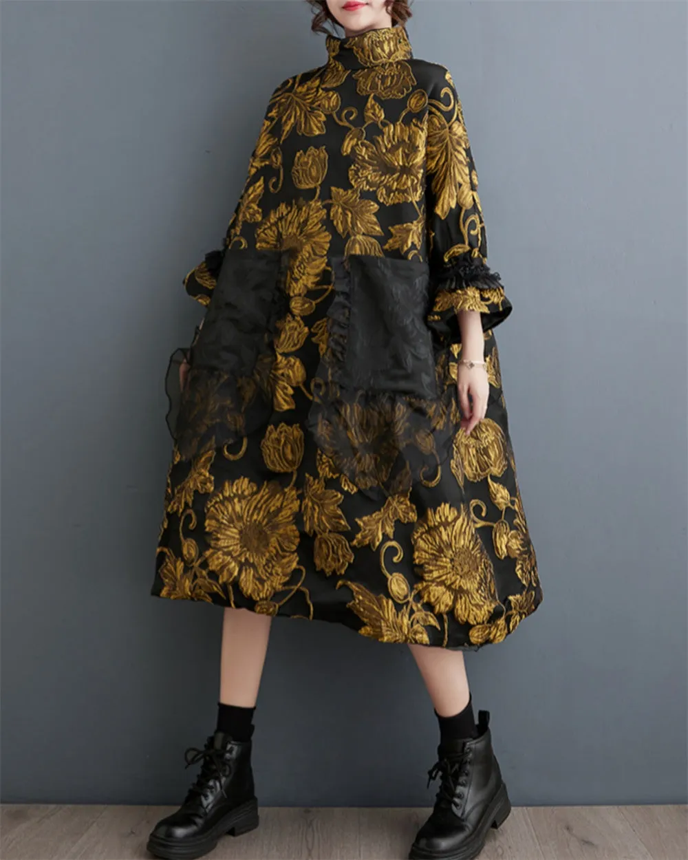ellazhu Women's Patchwork Mock Neck Flared Cuffs Dress GZ94