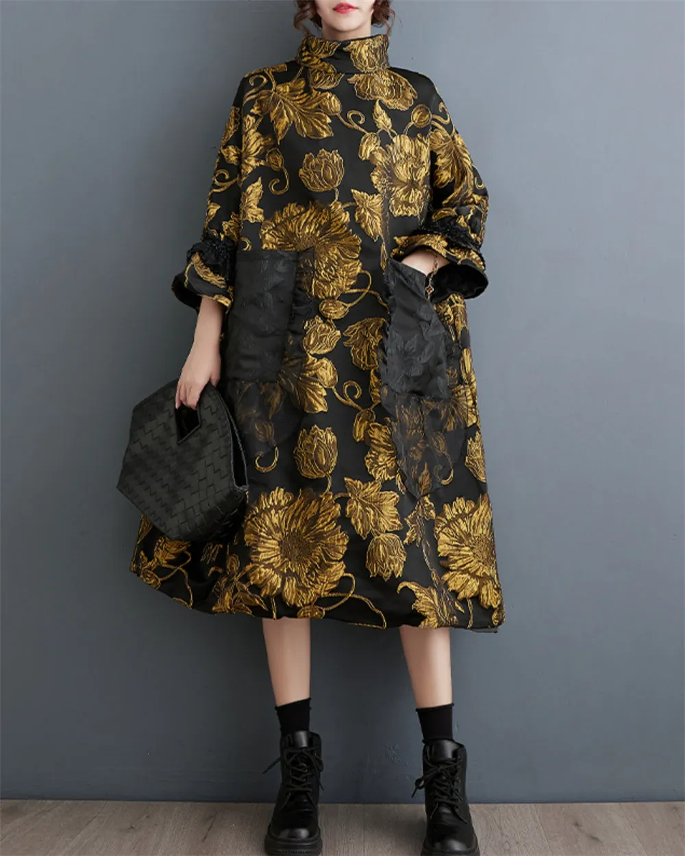 ellazhu Women's Patchwork Mock Neck Flared Cuffs Dress GZ94