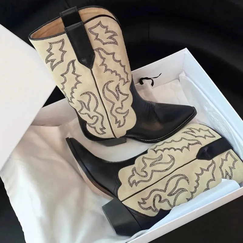 Embroidered Chunky Heel Mid-Calf Versatile Pointed Toe Riding Boots