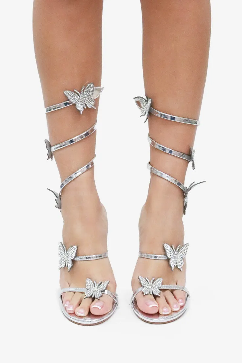 Euphoria Rhinestones Butterfly Detail Ankle Wrap High Heels