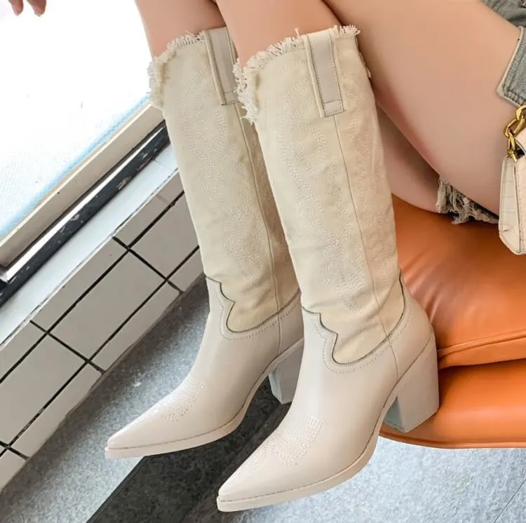 Fashion Leather Patchwork Chunky Heel Cowboy Boots
