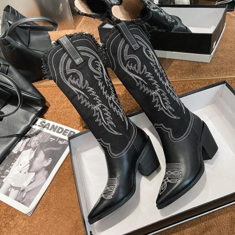 Fashion Leather Patchwork Chunky Heel Cowboy Boots