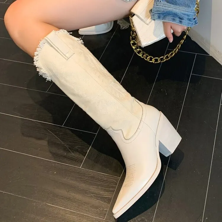Fashion Leather Patchwork Chunky Heel Cowboy Boots