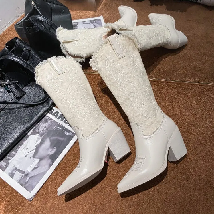 Fashion Leather Patchwork Chunky Heel Cowboy Boots